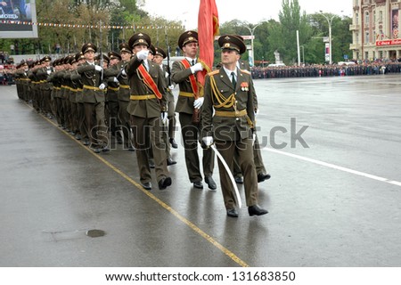 ROSTOV-ON-DON, RUSSIA - MAY 9: The 60th anniversary of Victory Day (WWII) - soldiers marching at Theater Square, May 9, 2005 in Rostov-on-Don, Russia