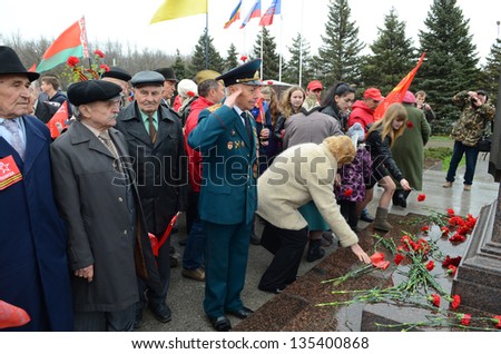 ROSTOV-ON-DON, RUSSIA - APRIL 11: The rally, placing flowers Ã¢Â?Â? International automobile race Ã?Â«Our Great VictoryÃ?Â» in honor of the Day of Victory in the WWII, April 11, 2013 in Rostov-on-Don, Russia