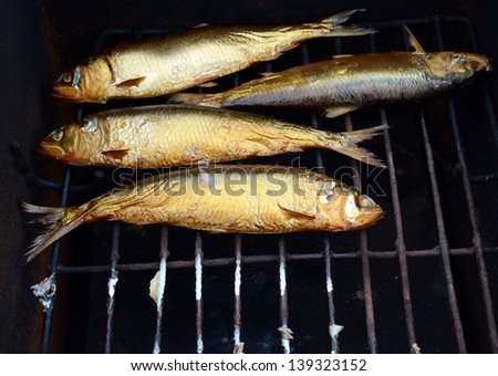 Don Herring golden brown on the gridiron - hot smoked fish, cooked in a smokehouse in the field