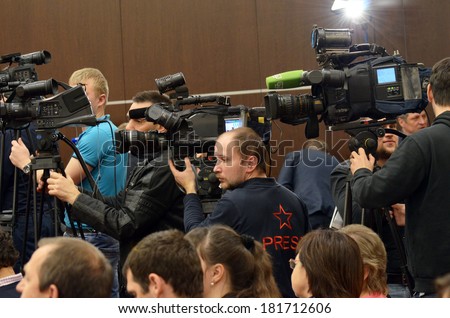 ROSTOV-ON-DON, RUSSIA - MARCH 11: Journalists at the press conference, the President of Ukraine Viktor Yanukovych, March 11, 2014 in Rostov-on-Don, Russia