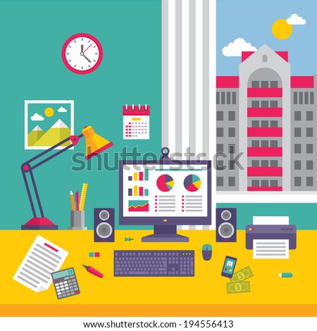 Business Office Workplace with Infographic on Computer Monitor - Vector Illustration in Flat Design Style for presentation, booklet, web site etc.