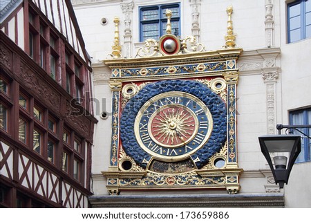 Old gold clock, Ruan, Gros horloge, Rouen, Seine-maritime, Haute-Normandie, France