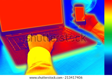 Infrared thermography image showing the heat and radiation of Notebook and smartphones in the office