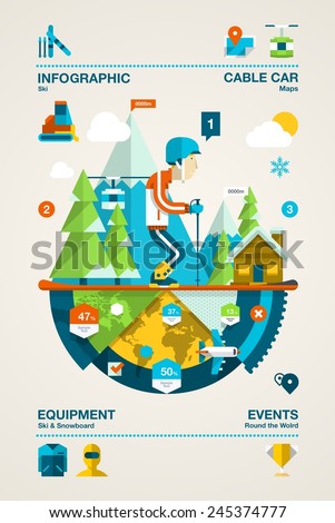 Mountain infographic with ski elements colourful vector background Mountain infographic with ski elements colourful vector background