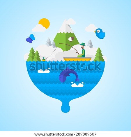 vector illustration with fisherman on a lake