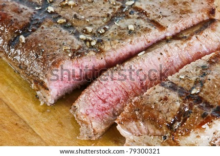 juicy striped steak on wood table