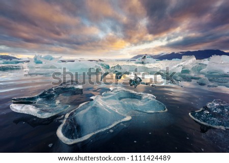 Icebergs in Jokulsarlon glacial lagoon. Vatnajokull National Park, southeast Iceland, Europe.