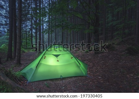 green tent on forest closeup