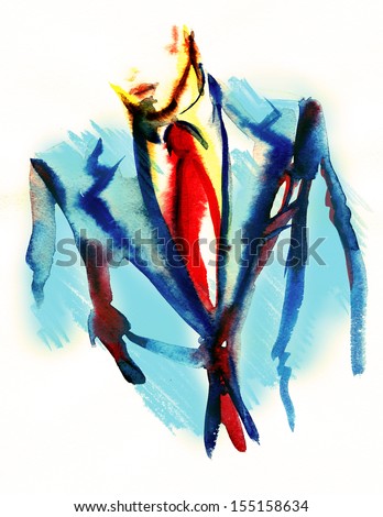 stylish man in elegant blue suit . Hand painted fashion illustration