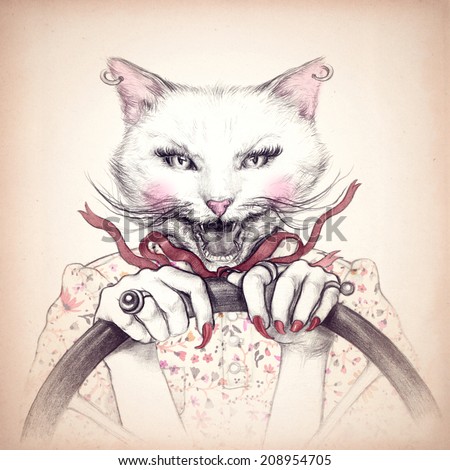 Crazy cat in a car fashion animal watercolor illustration Crazy cat in a car fashion animal watercolor illustration