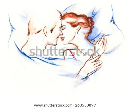 young couple caressing laying in bed together in lingerie being romantic hugging and kissing