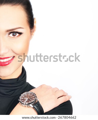 Beautiful woman with silver wrist watch