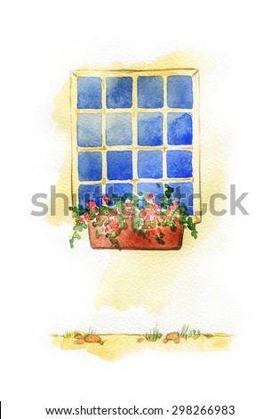 watercolor painting of house with windows and flowers