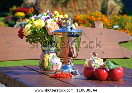 Outdoor dining table in autumn