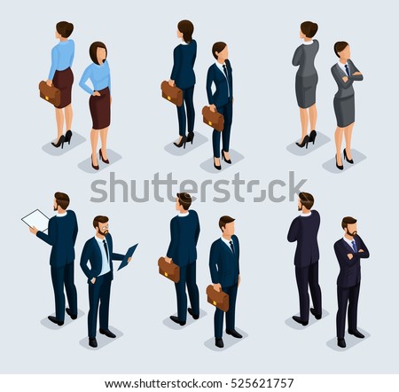 Trendy isometrics, isometric people. Businessmen, business woman in corporate clothing, stylish clothing. People behind a front view of visas, standing posture. Vector illustration.