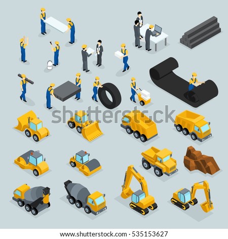 Set isometric 3D icons for construction workers, crane, machinery, power, transportation, clothing, buses on a gray background