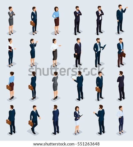 Isometric People Isometric businessmen, businessman and business woman, people in business suits during work, front view rear view isolated on a light background. Vector illustration