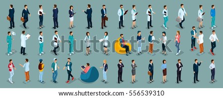 Trend Isometric people of different professions, hospital staff, surgeon, doctor, nurse, freelancers, business woman and businessman in suits insulated. Vector illustration.