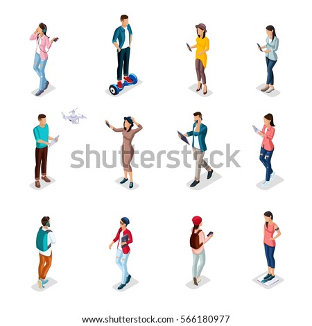 Trendy Isometric people and gadgets, teenagers, young people, students, using hi tech technology, mobile phones, pad, laptops, make selfie, smart watches are isolated.