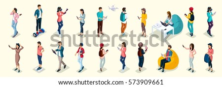 Set of 20 Trendy isometric people and gadgets, teenagers, young people, students, using hi tech technology, mobile phones, pad, laptops, make selfie, smart watches, virtual games, navigators.