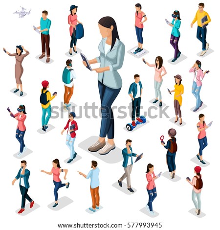 Trendy Isometric people and gadgets, 3D teenagers, students, large group of people, using hi tech technology, the girl with the protagonist phones isolated.