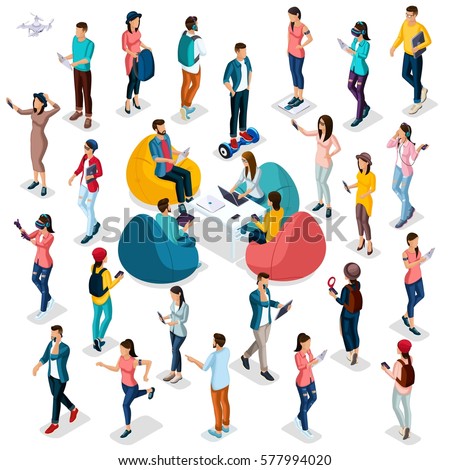 Trendy Isometric people and gadgets, 3D people, teenager, students, large group of people, using hi tech technology, pad, laptop, headphones, scales, sport, smart watches, virtual glasses isolated.