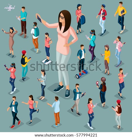 Trendy Isometric people and gadgets, 3D teenagers, students, large group of people, using hi tech technology, a girl playing, phone, make selfie protagonist isolated.