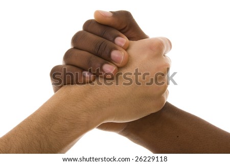 stock photo : Black and white hands shaking in friendly agreement isolated 