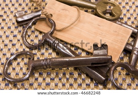 Many old rusty keys and a wooden key-chain with space for text