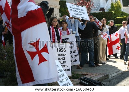 SAN FRANCISCO - AUGUST 11: People gathered outside the Russian consulate to protest Russian invasion to Georgia August 11, 2008 in San Francisco, CA. Russia invaded Georgia on August 8, 2008.
