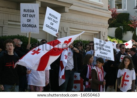 SAN FRANCISCO - AUGUST 11: People gathered outside the Russian consulate to protest Russian invasion to Georgia August 11, 2008 in San Francisco, CA. Russia invaded Georgia on August 8, 2008.