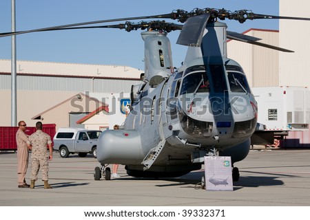 EDWARDS AFB, CA - OCTOBER 17:  Two soldiers next to Boeing Vertol CH-46 Sea Knight helicopter at Flight Test Nation 2009, October 17, 2009, Edwards Air Force Base, CA