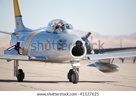 NELLIS AFB, LAS VEGAS, NV - NOVEMBER 14: North American F-86F Sabre Cold war-era fighter jet aircraft taxiing after performing at Aviation Nation 2009, November 14, 2009, Nellis AFB, Las Vegas, NV