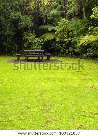 Lawn garden and bench close to the forest in New Zealand