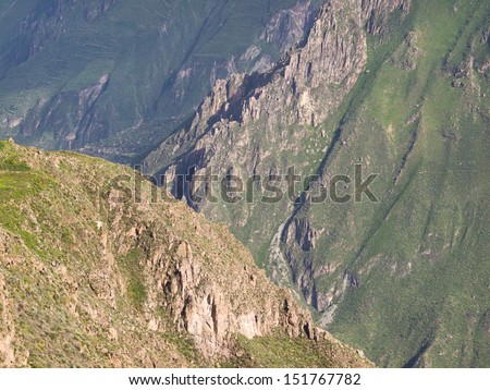 Colca Canyon, Arequipa, Peru.  This Canyon is more than twice as deep as the Grand Canyon in the United States at 13,650 ft (4,160 m) depth.
