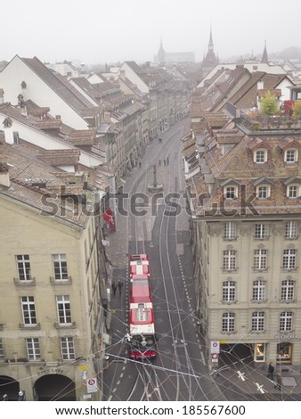 BERN, SWITZERLAND - OCT 23: Aerial view of Bern in morning mist on October 23, 2011 in Bern, Switzerland. In 1983 the historic old town in the centre of Bern became a UNESCO World Heritage Site.