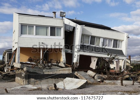 FAR ROCKAWAY, NY - NOVEMBER 4: Destroyed beach houses in the aftermath of Hurricane Sandy on November 4, 2012 in Far Rockaway, NY