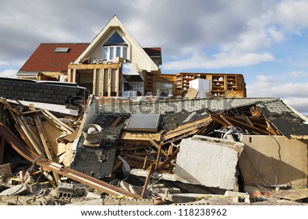FAR ROCKAWAY, NY - NOVEMBER 4: Destroyed beach house in the aftermath of Hurricane Sandy on November 4, 2012 in Far Rockaway, NY