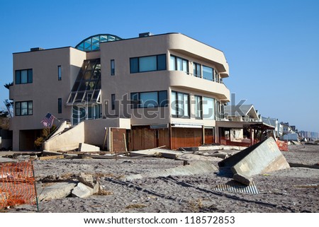 FAR ROCKAWAY, NY - NOVEMBER 11: Destroyed beach house in the aftermath of Hurricane Sandy on November 11, 2012 in Far Rockaway, NY