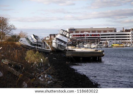 BROOKLYN, NY - NOVEMBER 4:Boats cast ashore in the aftermath of Hurricane Sandy on November 4, 2012 in Brooklyn, NY