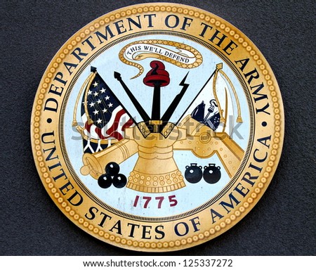 Brooklyn, New York - May 17:Department Of The Army Logo At The Military Base On May 17, 2012 In New York. Us Army Is The Main Branch Of The Us Armed Forces Responsible For Land-Based Operations