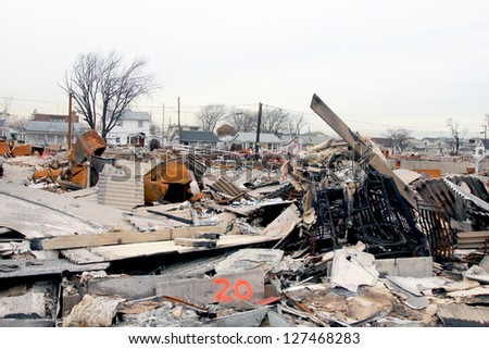 BREEZY POINT, NEW YORK- FEBRUARY 7: Devastated area in Breezy Point, NY three months after Hurricane Sandy on February 7, 2013. More than 80 houses were destroyed in out-of-control six-alarm blaze.