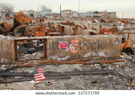 BREEZY POINT, NY- FEBRUARY 7:Hurricane devastated area in Breezy Point,NY three months after Hurricane Sandy on February 7, 2013. More than 80 houses were destroyed in out-of-control six-alarm blaze.