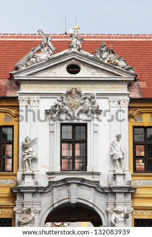 DURNSTEIN, AUSTRIA - SEPTEMBER 4: Statues in the great court of the  Durnstein abbey , Lower Austria on September 4, 2012. Durnstein Abbey was established in 1410 from 1710 rebuilt in a Baroque style.