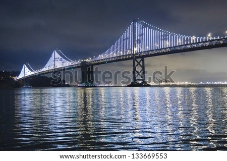 SAN FRANCISCO,CA -MARCH 27:Illuminated Bay Bridge in San Francisco on March 27, 2013.The Bay Lights is an iconic light sculpture designed by world-renowned artist Leo Villareal will shine through 2015