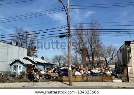 STATEN ISLAND, NY- APRIL 4: Destroyed  house five month after  Hurricane Sandy  on April 4, 2013 in Staten Island, NY