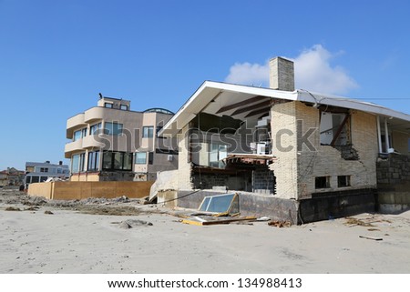 FAR ROCKAWAY, NY - FEBRUARY 28: Destroyed beach houses three months after  Hurricane Sandy on February 28, 2013 in Far Rockaway, NY