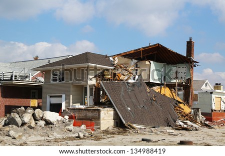 FAR ROCKAWAY, NY - FEBRUARY 28: Destroyed beach house three months after  Hurricane Sandy on February 28, 2013 in Far Rockaway, NY