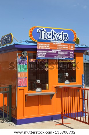BROOKLYN, NEW YORK - APRIL 9:Ticket booth on April 9, 2013 in Coney Island Luna Park. Coney Island Luna Park was destroyed by fire in 1944, then reopened in 2010.