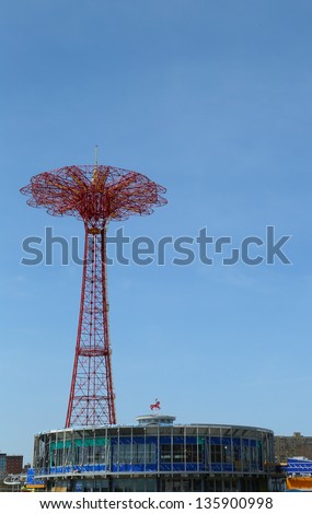 BROOKLYN, NEW YORK - APRIL 9: Parachute jump tower and future site for restored B&B carousel in Brooklyn on April 9, 2013. Jump tower has been called the \